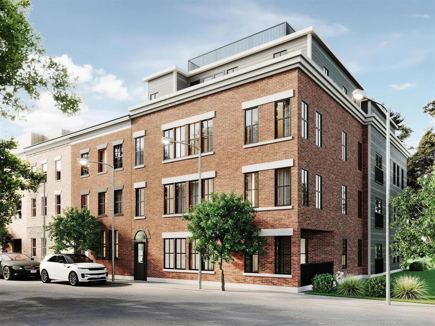 Exterior rendering of 167 Maverick Street, a four story brick residence with a penthouse level and roof decks